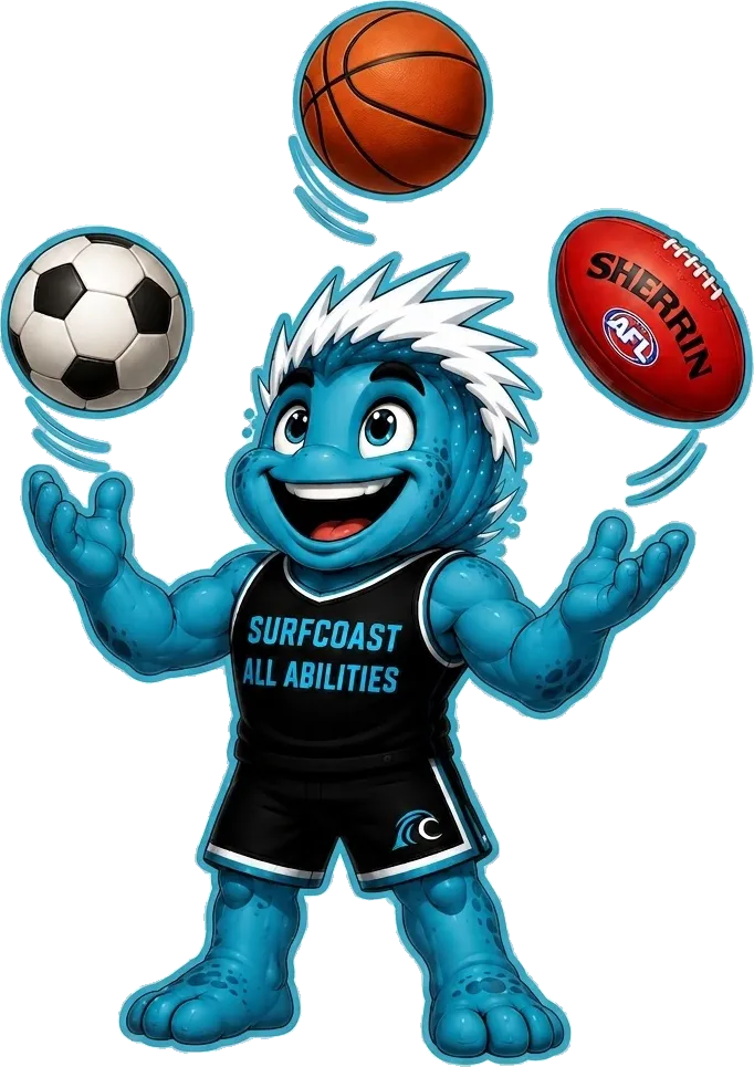 Surfcoast Breakers mascot juggling a basketball, soccer ball and football